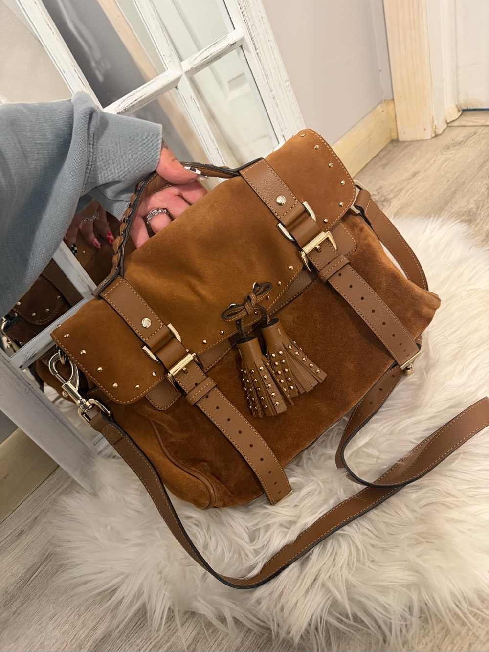 Mulberry Brown Suede Tassel Alexa two way bag flap saddle bag crossbody fringe - Picture 2 of 7